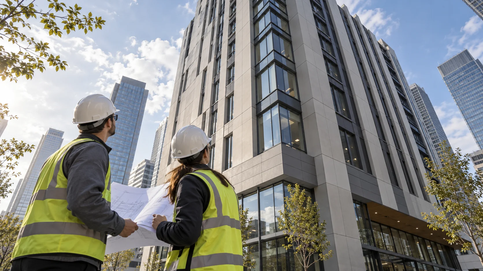 - Yüksek katlı ticari yapıda Ekobord fibercement cephe tasarımını inceleyen mühendisler